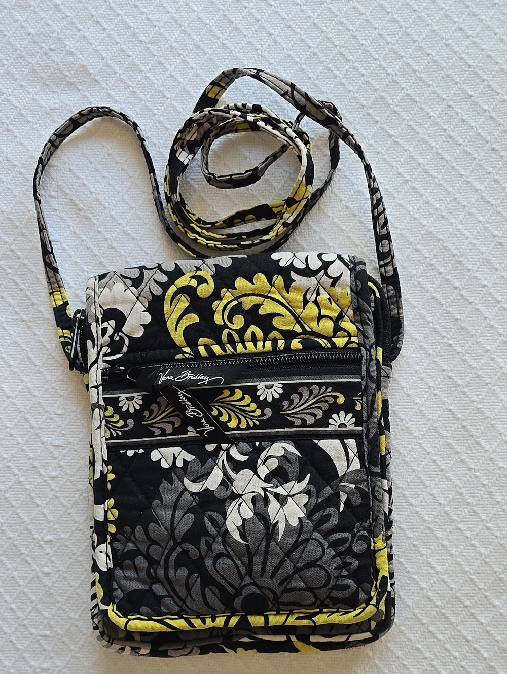 Vera Bradley Quilted Crossbody Organizer Bag Black Yellow Floral